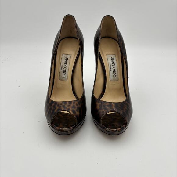 Jimmy Choo Cheetah Print Patent Leather Peep Toe Pumps Women's 37.5 - Picture 2 of 13